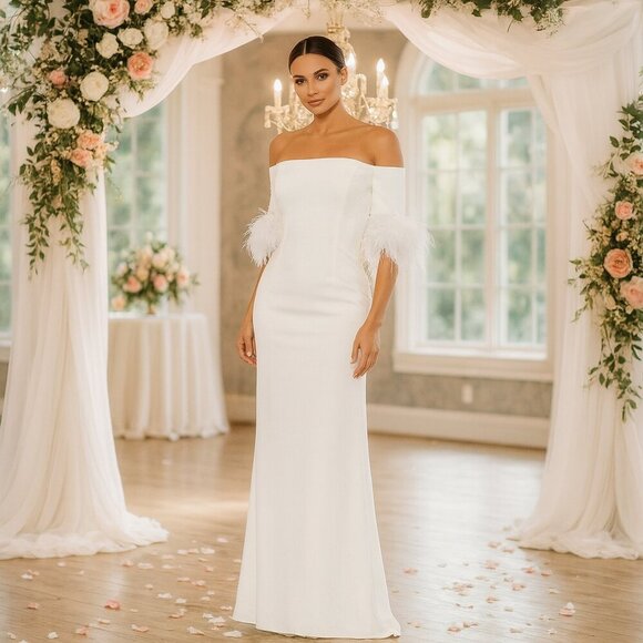 NWT Mac Duggal Feather Trim Off The Shoulder Column Gown White 6 #9585 #9593 - Picture 1 of 9